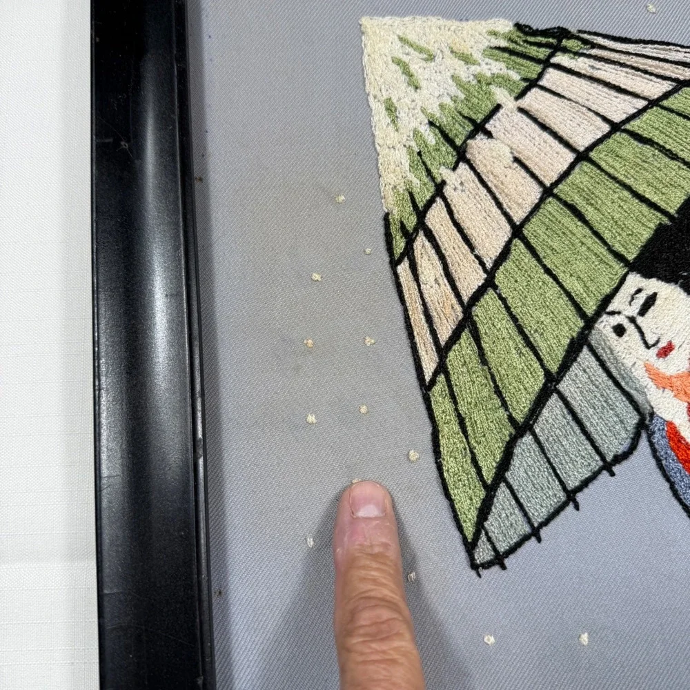 Vintage Asian Japanese Hand Geisha Wall Art‎ Crewel Kimono & Wagasa *see pics**